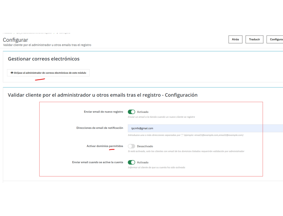opciones de configuración