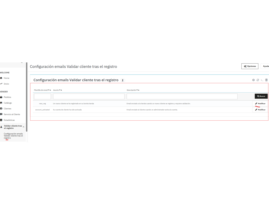 plantillas de email, con asunto y contenido modificable por idioma