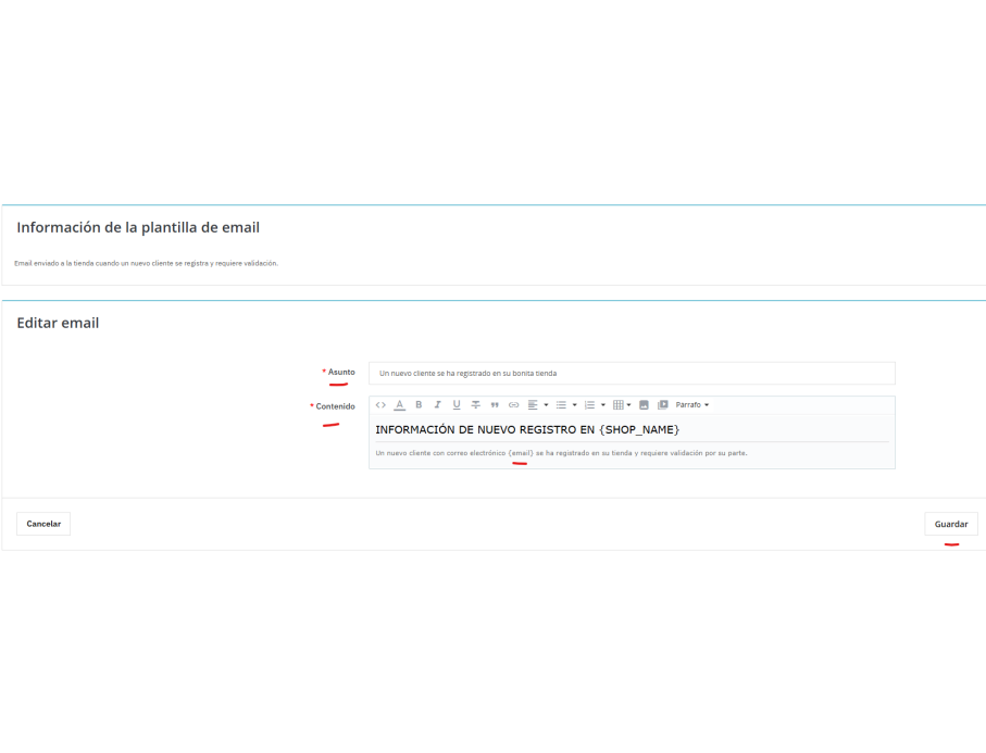 plantillas de email, con asunto y contenido modificable por idioma2