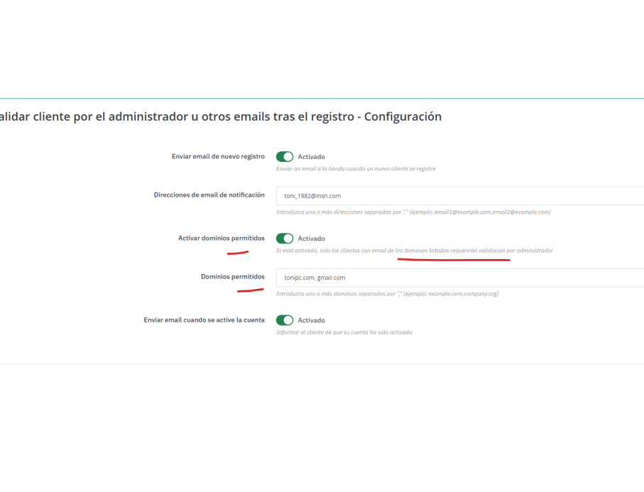 opción de configuración sólo ciertos dominios