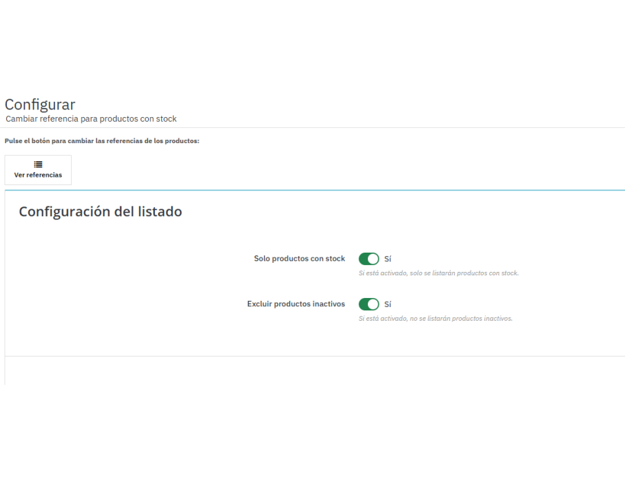 opciones, de productos activos o no o con stock o no