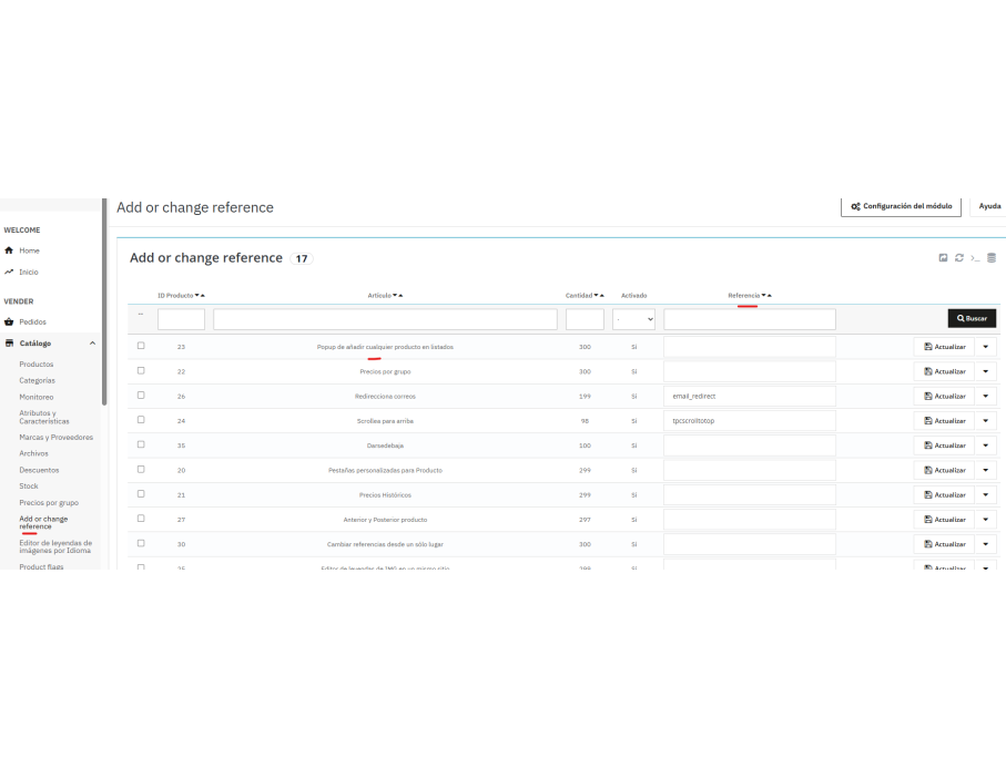 adminController: nombres, opciones y ref + actualizar
