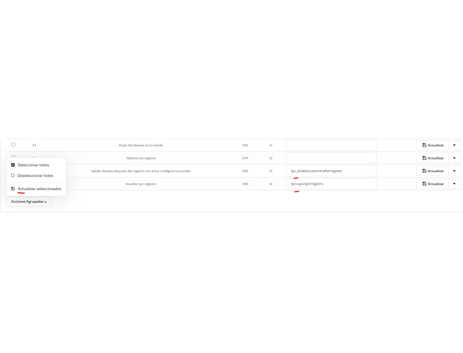 adminController: nombres, opciones y actualiza en batch