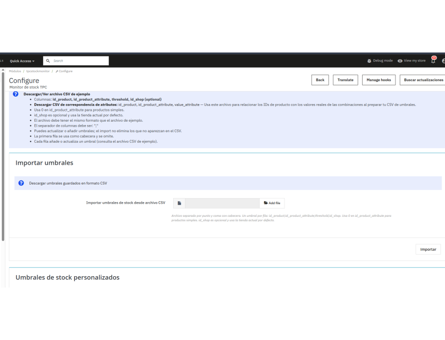opciones del importador por csv