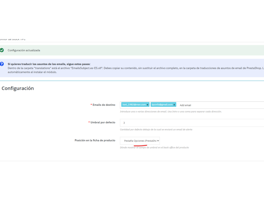 Umbral por defecto y opciones de configuración en adminProducts