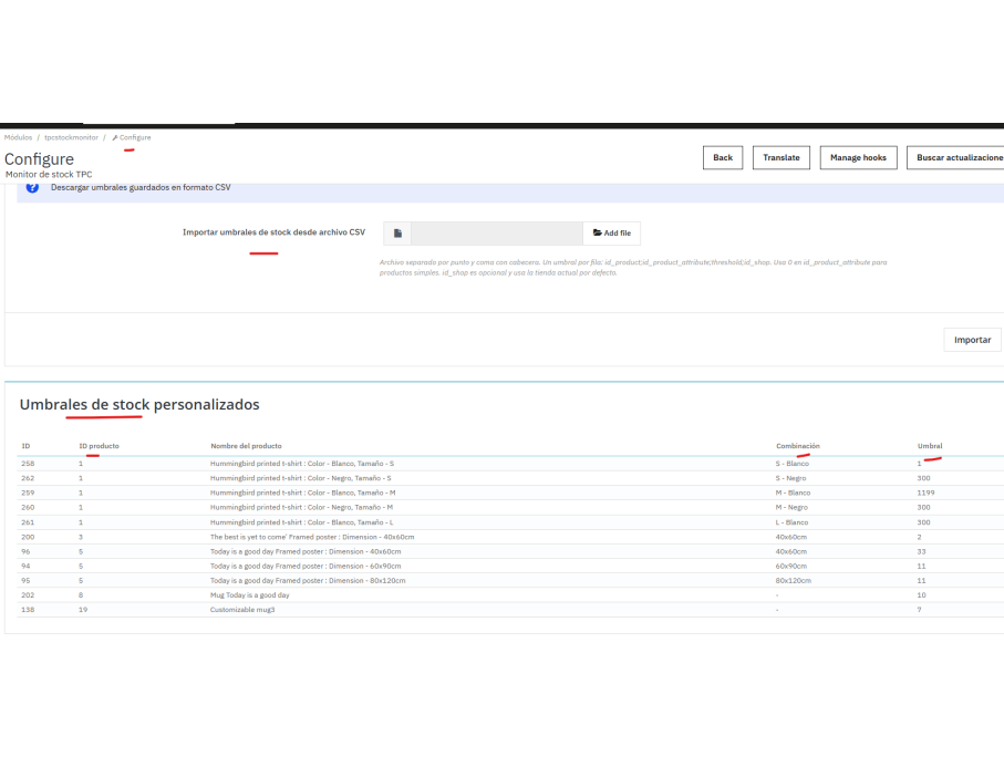 Renderlist de Umbrales de stock ya configurados por importador por ejemplo