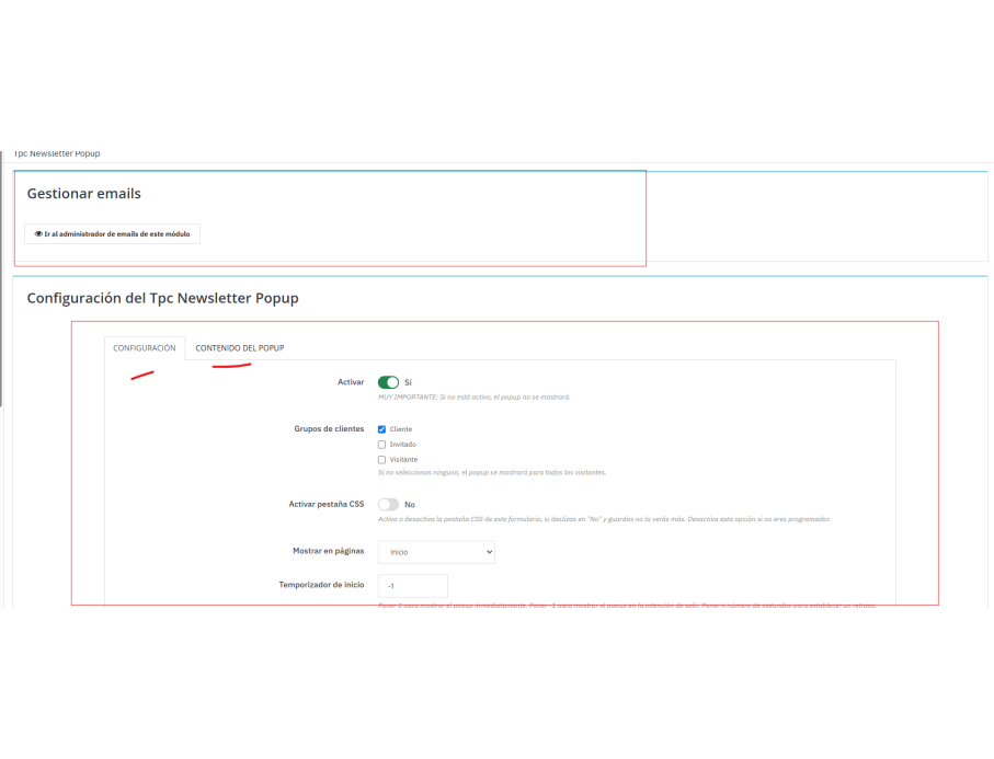 opciones configuración generales, también limitado a grupos clientes si se quiere