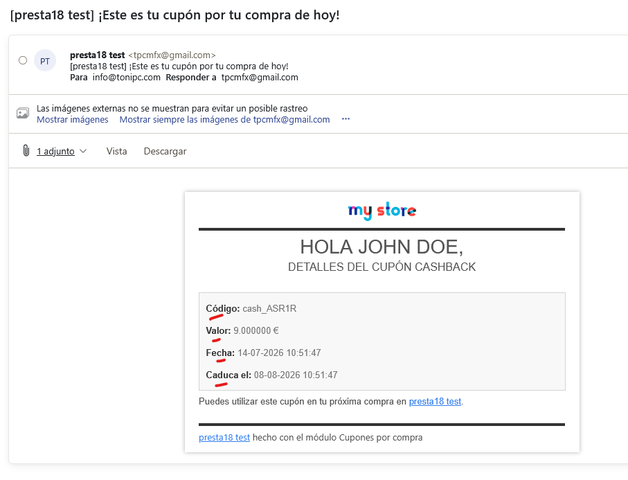 correo personalizado con el cupón creado