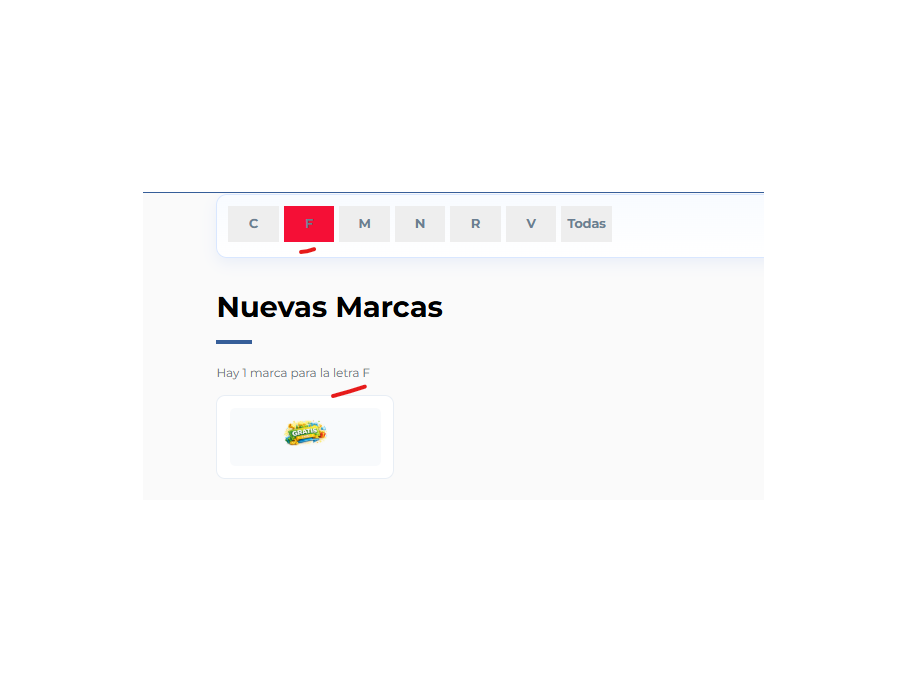 Clickando en la letra, ves las marcas visibles, clickando en la Marca ves sus productos