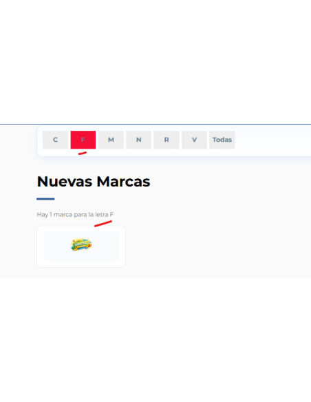 Clickando en la letra, ves las marcas visibles, clickando en la Marca ves sus productos