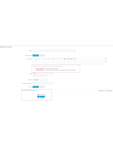 Form con todas las opciones: titulo, contenido, Posición, asociación de tienda...
