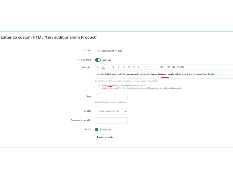 Como es de ficha de producto, opción de añadir variable {nombre_producto}