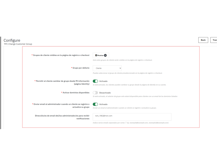 opciones config, grupos para el registro, grupo x defecto, opción para ciertos dominios, etc