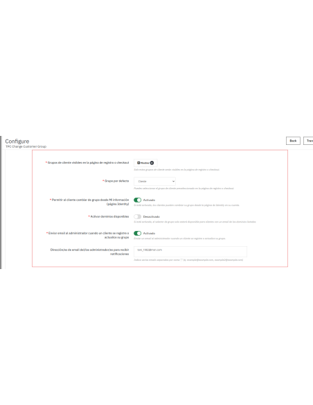 opciones config, grupos para el registro, grupo x defecto, opción para ciertos dominios, etc
