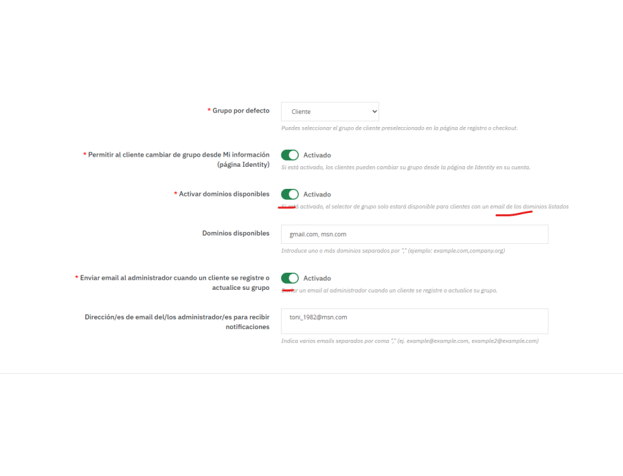 opciones config2, email/s que recibirán aviso cuando registro cliente
