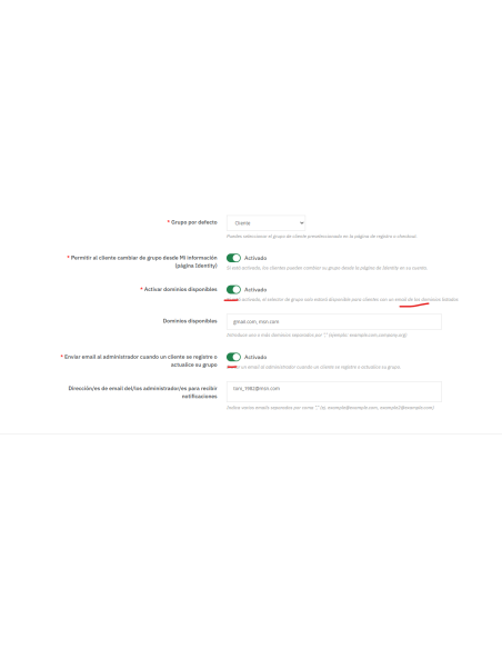 opciones config2, email/s que recibirán aviso cuando registro cliente