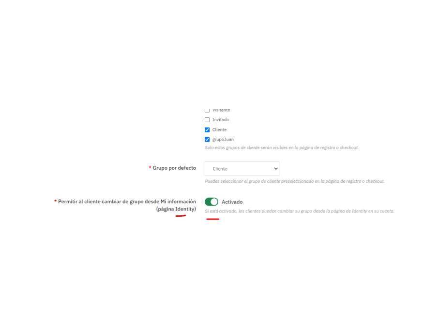 opción de si deseas cambiar tu grupo, en identity