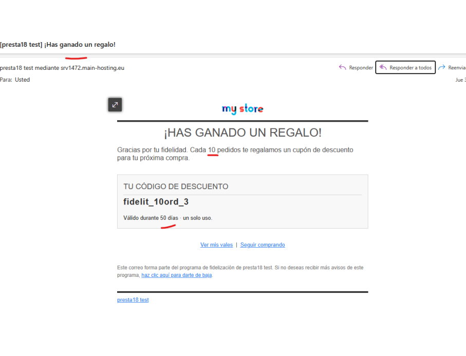 e-mail personalizado con el cupón en el pedido 10