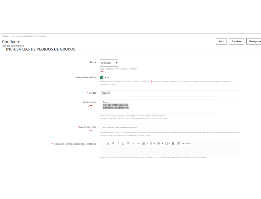 opciones de incidencias pedidos grupos y clientes