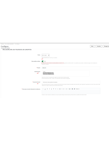 opciones de incidencias pedidos grupos y clientes