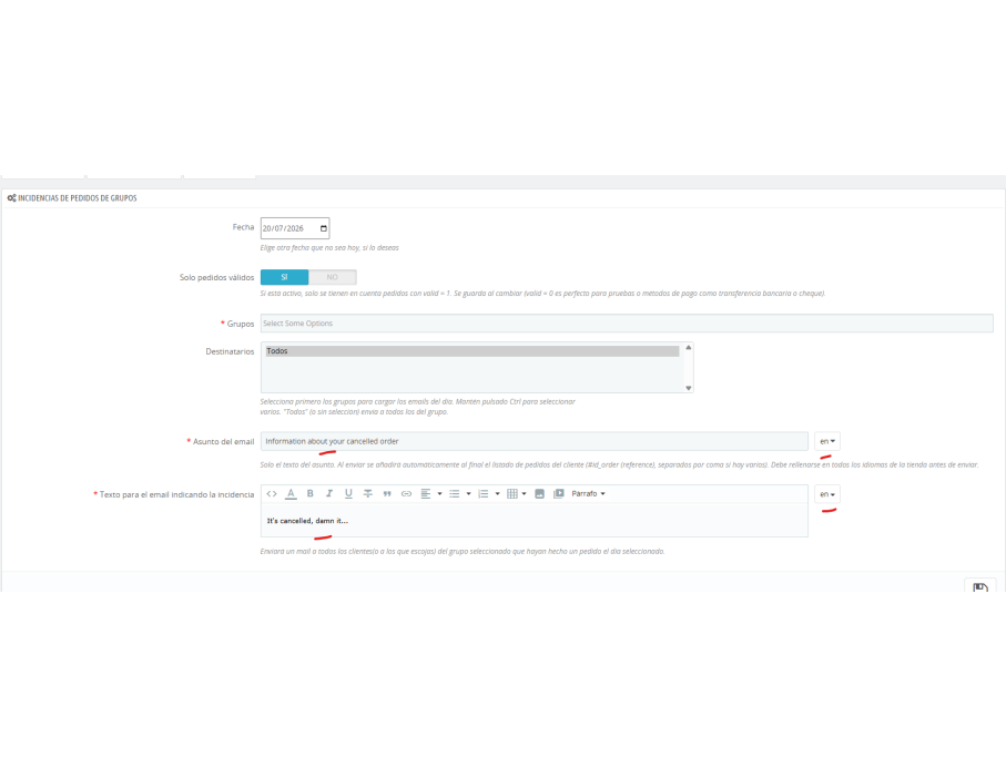 en multiidioma, asunto y texto email en todos los idiomas(1)