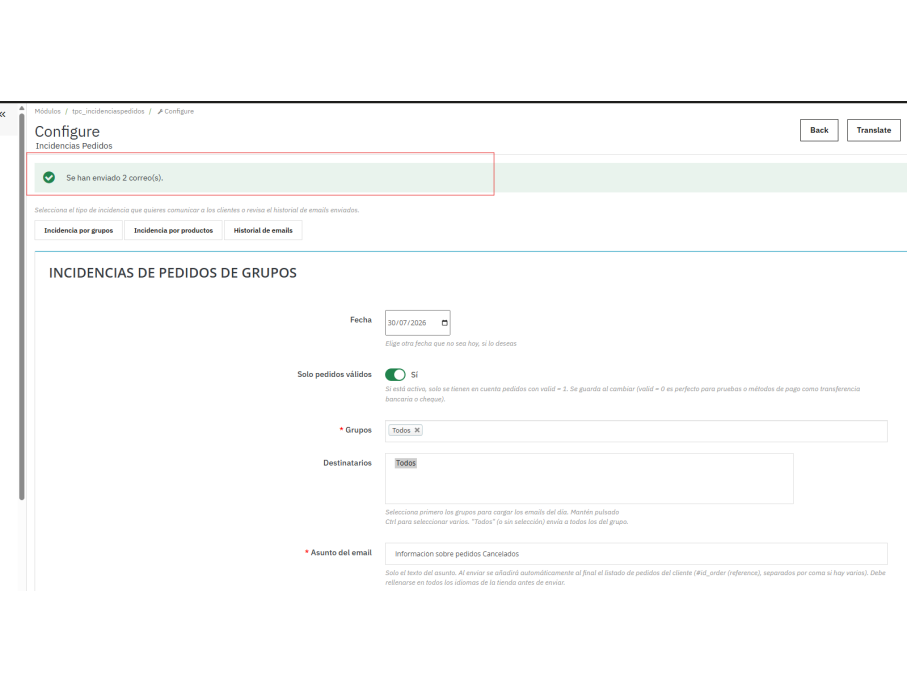 resultado, 2 emails enviados para pedidos de ese dia