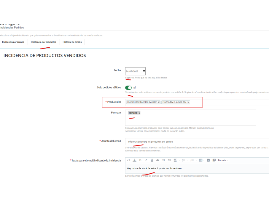 opciones de productos vendidos con formato(combinación)