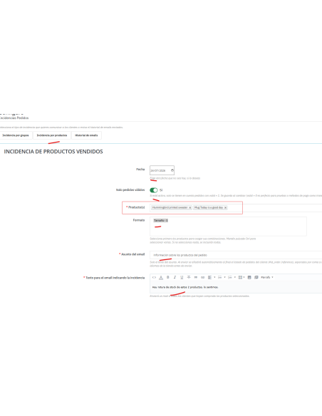 opciones de productos vendidos con formato(combinación)