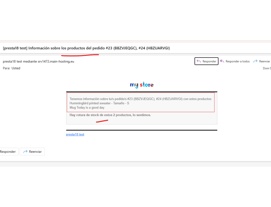 email enviado productos vendidos