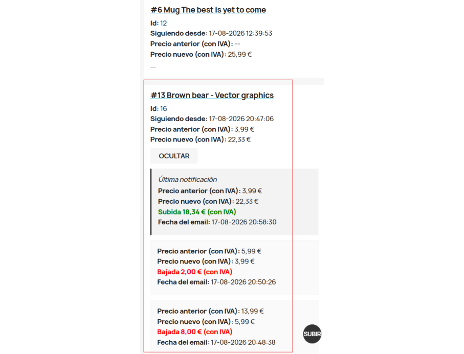 desglose de cada alerta de producto en mobile