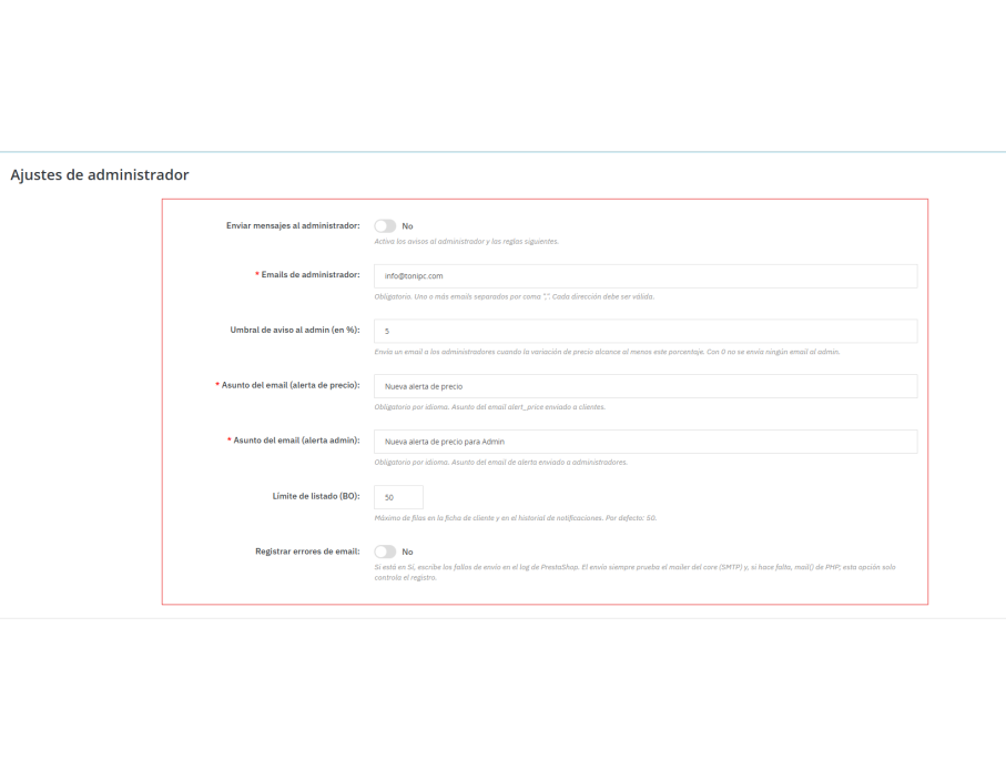 opciones de config Admin