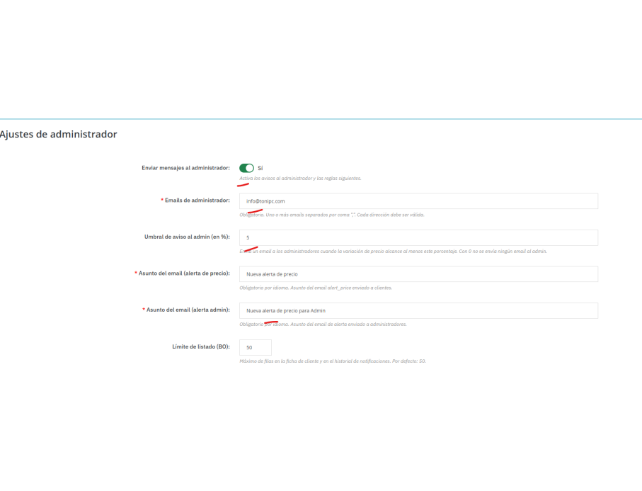 opciones Admin, ejemplo con asunto del email Admin