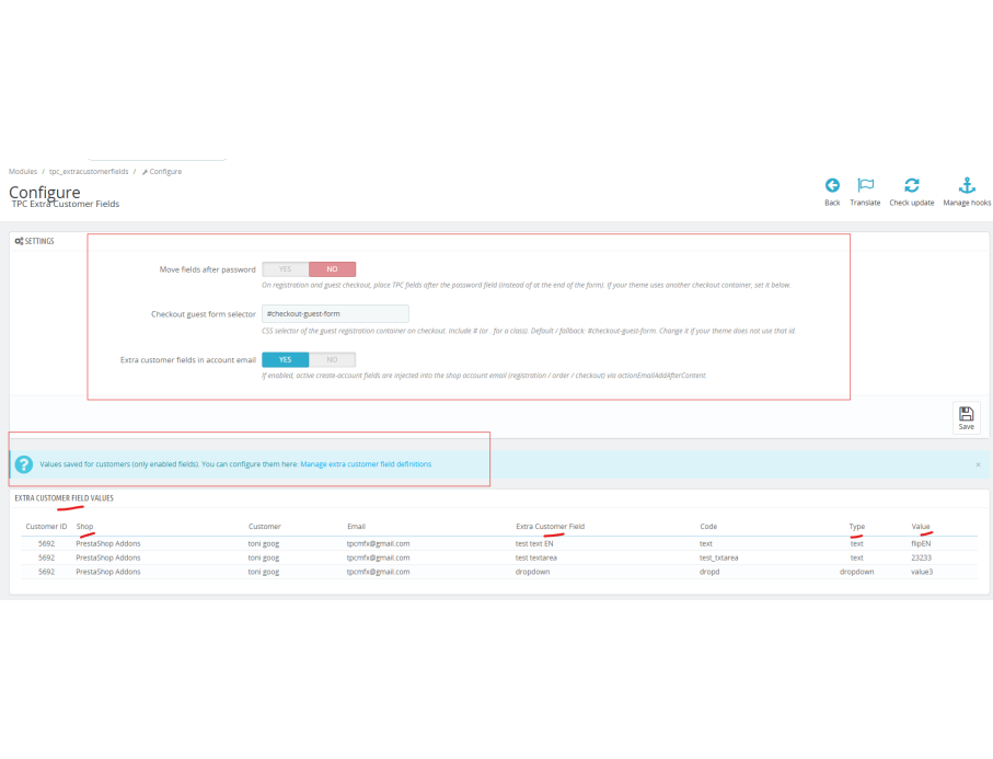 opciones de config extracustomerfields y renderList, info extra de clientes