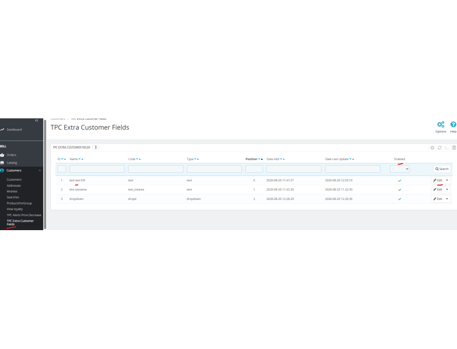 adminController con la config. de cada campo extra cliente por tienda