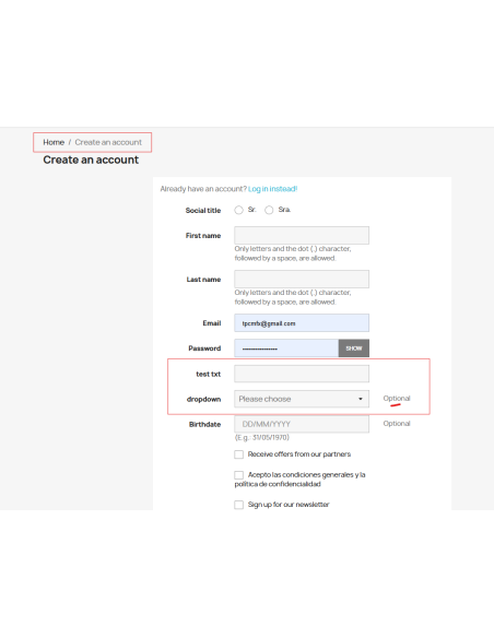 ejemplo front en registro prestashop 8