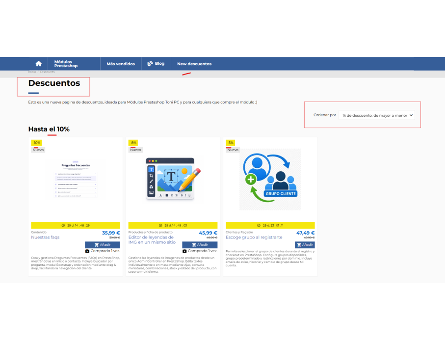 página descuentos, 2 ordenaciones a escoger y nº ventas en listados