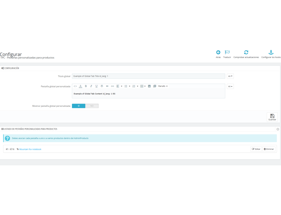 tab global para todos los productos, activo o no