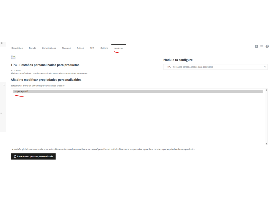 adminProductTab, asignación de tab específico a producto