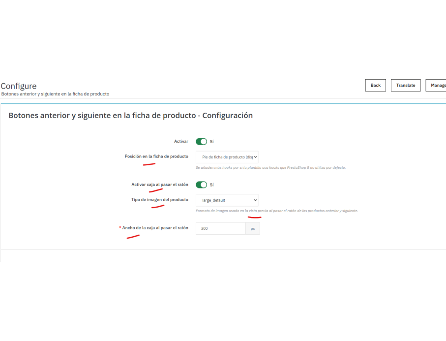 Opciones de configuración de tpcprevnextproduct